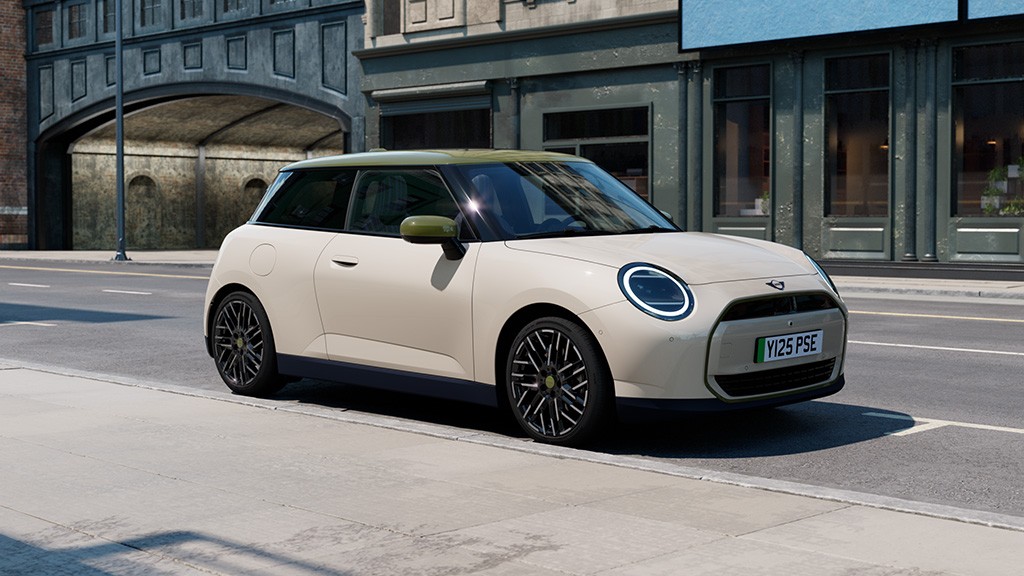 Front side view of the all-electric MINI Cooper Paul Smith Edition in Inspired.